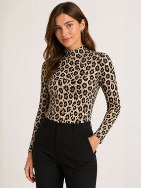 Kate Spade Leopard Print Top Size 2 | Mock Neck Ponte Stretch | Long Sleeve Chic